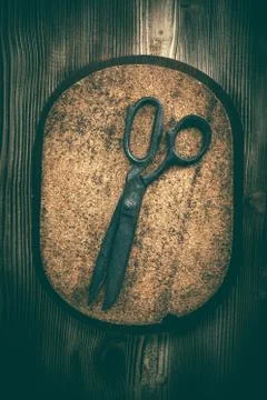 Old tailor scissors on a cork pad. Stock Photos