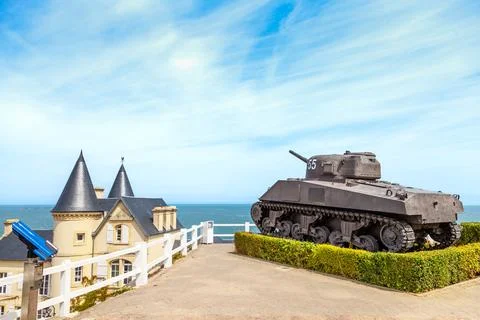 Old tank of second world war on the coast of Arromanches in Normandy Stock Photos