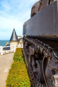 Old tank of second world war on the coast of Arromanches in Normandy Stock Photos