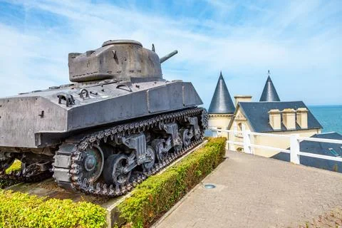 Old tank of second world war on the coast of Arromanches in Normandy Stock Photos