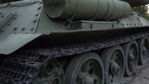 Old tank of the Soviet army. Slow motion of retro panzer. Stock Footage 118320524