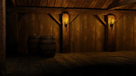 Old tavern inside with burning torches. Stock Footage 264075030