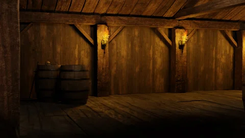 Old tavern inside. There is a skull on the barrel. Stock Footage 264074683