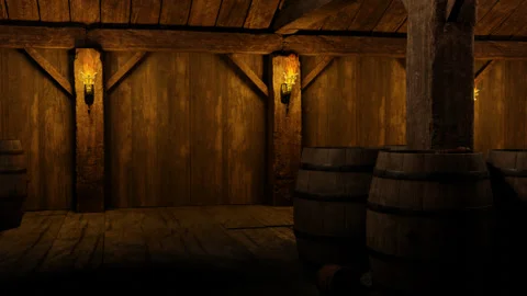 Old tavern inside. Torches are burning, there are barrels of drink. Vídeo Stock 264075189