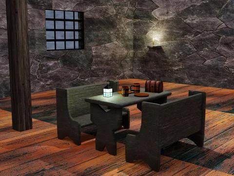 Old tavern with table and trunk Ilustración de archivo