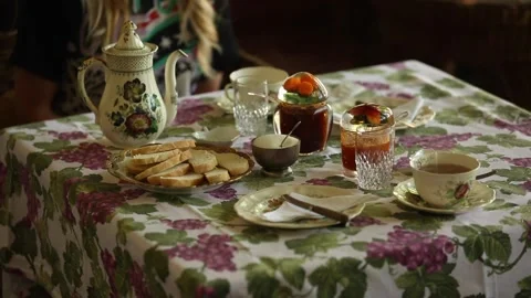 Old tea crockery in a table Video stock 133749987