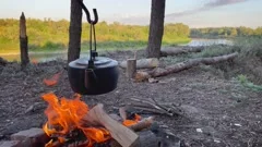 Kettle Over Campfire, Food Stock Footage ft. boiling & burning