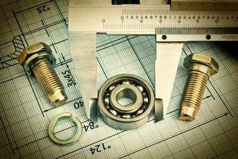 Old technical drawing and caliper with bearing Foto stock