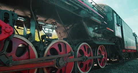 Old Technology Background. Steam Train Wheels Close Up. Locomotive Stock Footage 155580682