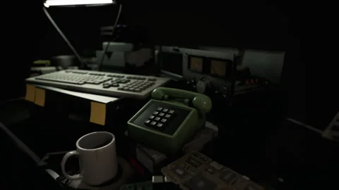 Old technology gathering dust in a dimly lit workspace during evening hours Stock Footage 311751054