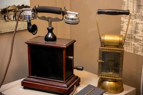 Old telephone inside museum Stock Photos