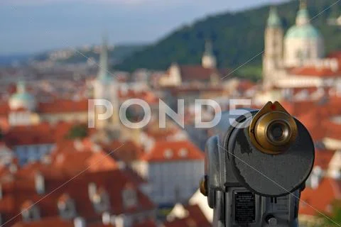 Old telescope and cityscape Stock Photos
