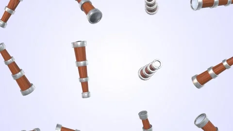 Old Telescopes Falling on a Light Background. Telescope Tubes 3D. Pirates. 4K Stock Footage 291059010