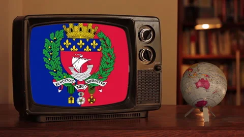 Old Television Featuring Flag of Paris With Globe in Motion - 4K Stock Footage 305579389
