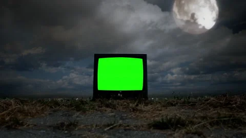 Old Television Green Screen Mountain Top Moonlight City Vintage TV Zoom In Stock Footage 258237592