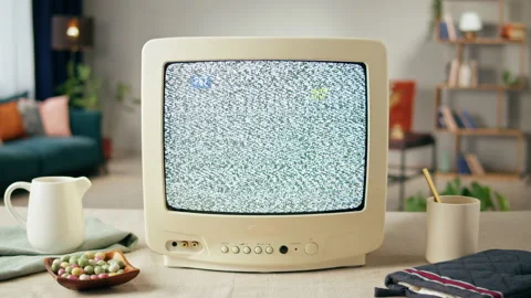 Old television with grey blank screen on home background living room. Close-up Stock Footage 170587157