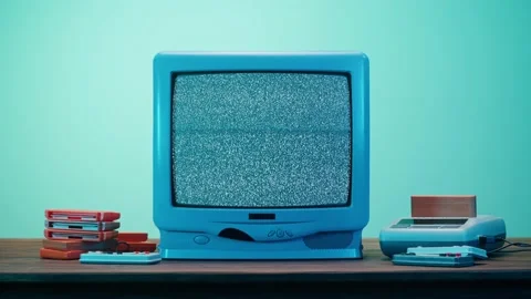 Old television with grey interference screen on blue neon background. Close-up Stock Footage 169113934