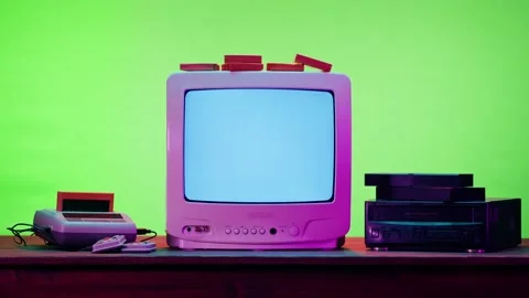 Old television with grey interference screen on purple neon background. Close-up Stock Footage 169114045