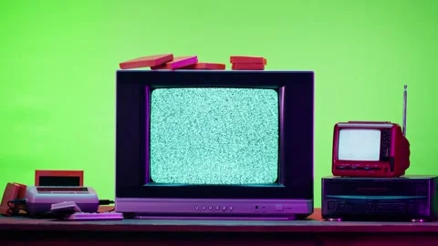 Old television with grey interference screen on purple neon background. Close-up Stock Footage 169114506