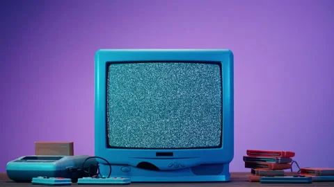 Old television with grey interference screen on purple neon background. Close-up Stock Footage 169115990