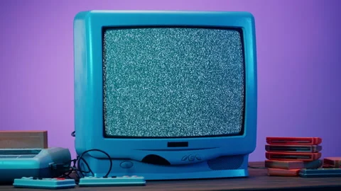 Old television with grey interference screen on purple neon background. Close-up Stock Footage 169116731