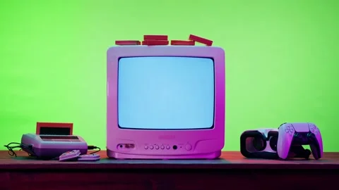 Old television with grey interference screen on green neon background. Close-up Stock Footage 169194950