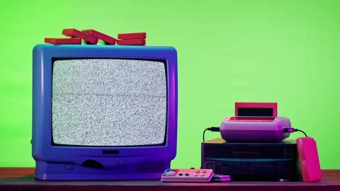 Old television with grey interference screen on purple neon background. Close-up Stock-Footage 169196024