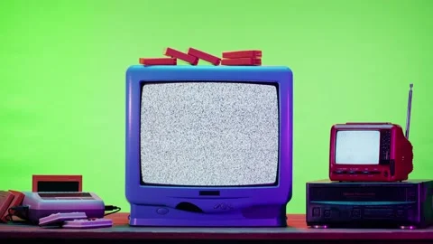 Old television with grey interference screen on purple neon background. Close-up Stock Footage 169196423