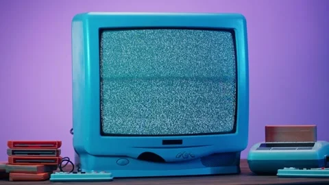 Old television with grey interference screen on purple neon background. Close-up Stock Footage 182005072