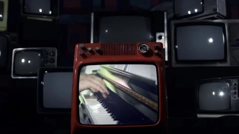Old Television with a Pianist Exploding. Stock Footage 115924001