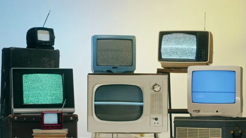 Old televisions with grey interference screen on blue and yellow background Video stock 169373053
