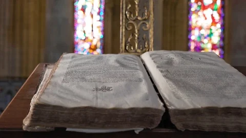 Old testament - ancient bible and stained glass Stock Footage