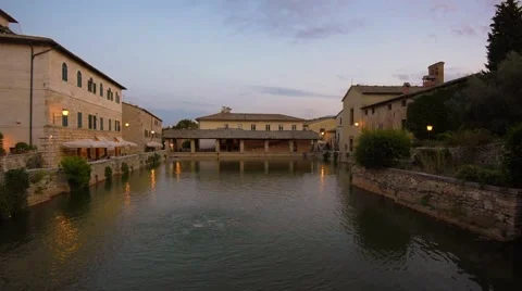 Old thermal baths in the medieval village Bagno Vignoni, Tuscany, Italy Stock Footage 56474083