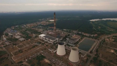 Old thermal power station creating pollution aerial Stock Footage 78747960
