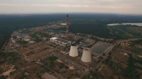 Old thermal power station creating pollution aerial Stock Footage 78853542