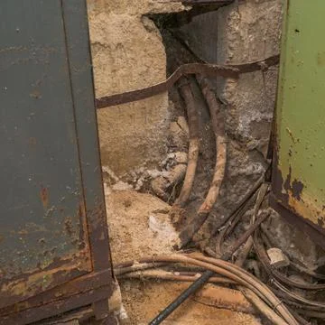 Old thick electrical cables in the dungeon or in basement Stock-Fotos
