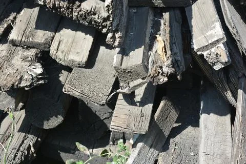 Old things and objects, old grey rotten boards of different sizes. Stock Photos