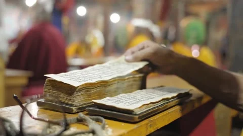 Old Tibetan Monk Reading Scriptures During Morning Prayer Routine In 스톡 동영상 202062244