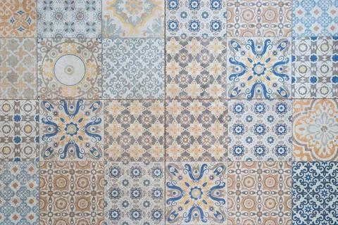 Old tile with different patterns on the floor. Template for text, retro style Stock Photos