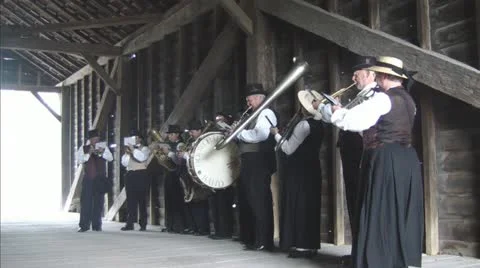 Old time Brass Band Performing Under Covered Bridge Stock Footage 11378009