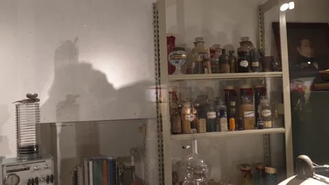 Old time lab back shelfs Video stock 165477514