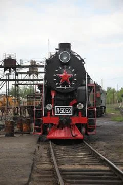 Old time Russian train with a red star Stock Photos