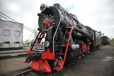 Old time Russian train with a red star Stock Photos