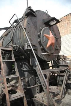 Old time Russian train with a red star Stock Photos
