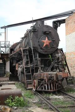 Old time Russian train with a red star Stock Photos