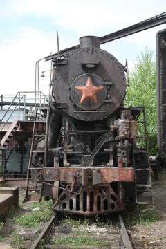 Old time Russian train with a red star Stock Photos