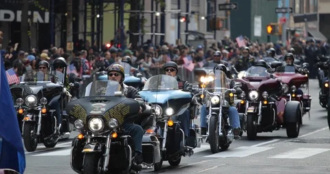Old timer bikers marching at Veteran's Day parade in NYC 11/11/2019 Video stock 119659497