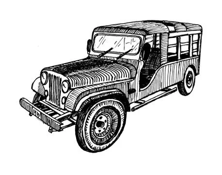 Old Timer car 4 wd classic doodle sketch graphics Stock Illustration