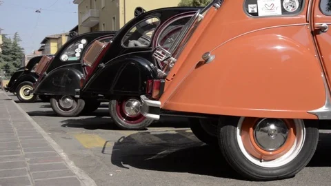 Old timer citroen red black 2cv view Stock Footage 84298485