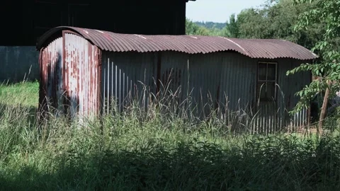Old tin hut in a field Stock Footage 141468402